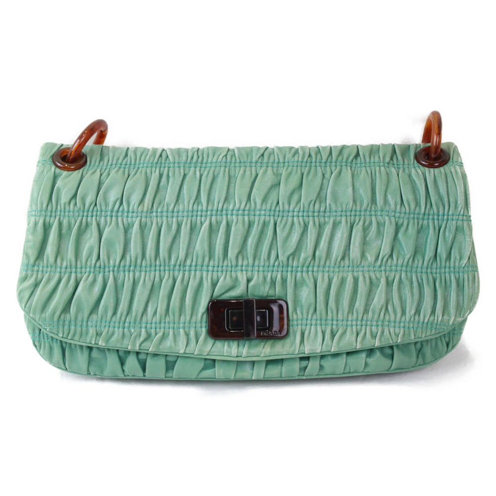 PRADA Leather Chain Shoulder Bag ACQUAMARINA CAPRETTO GAUFRE Green